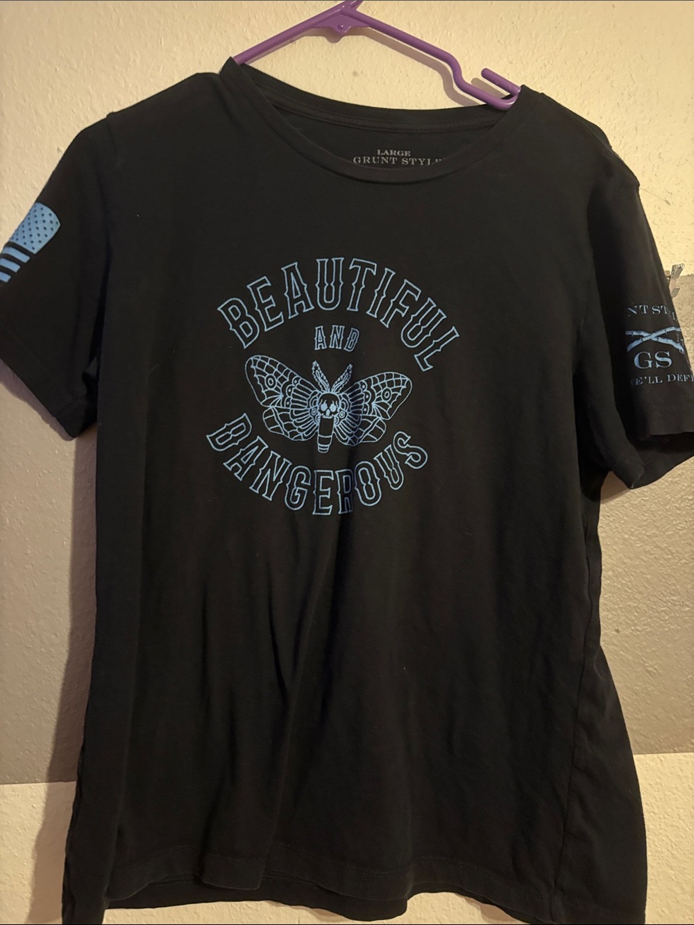 Grunt Style Black Tee with Light Blue 'Beautiful and Dangerous' Moth Design